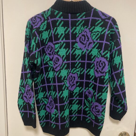 VTG Adele knitwear Green & Purple Floral Shimmer Sweater M/L Holiday Party USA - Picture 7 of 8